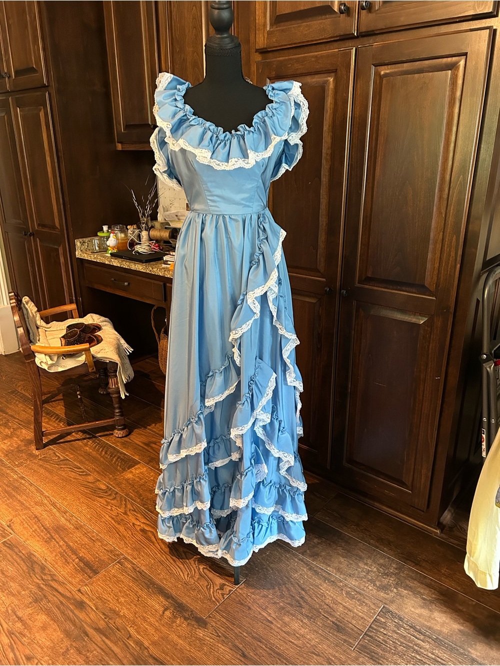 1970’s Fancy Frocks Sz 3 Blue Off Shoulder Ruffled Lace-Trim Maxi Dress